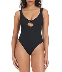 Sanctuary Stay Connected Solid Cap Sleeves Plunge One Piece Swimsuit