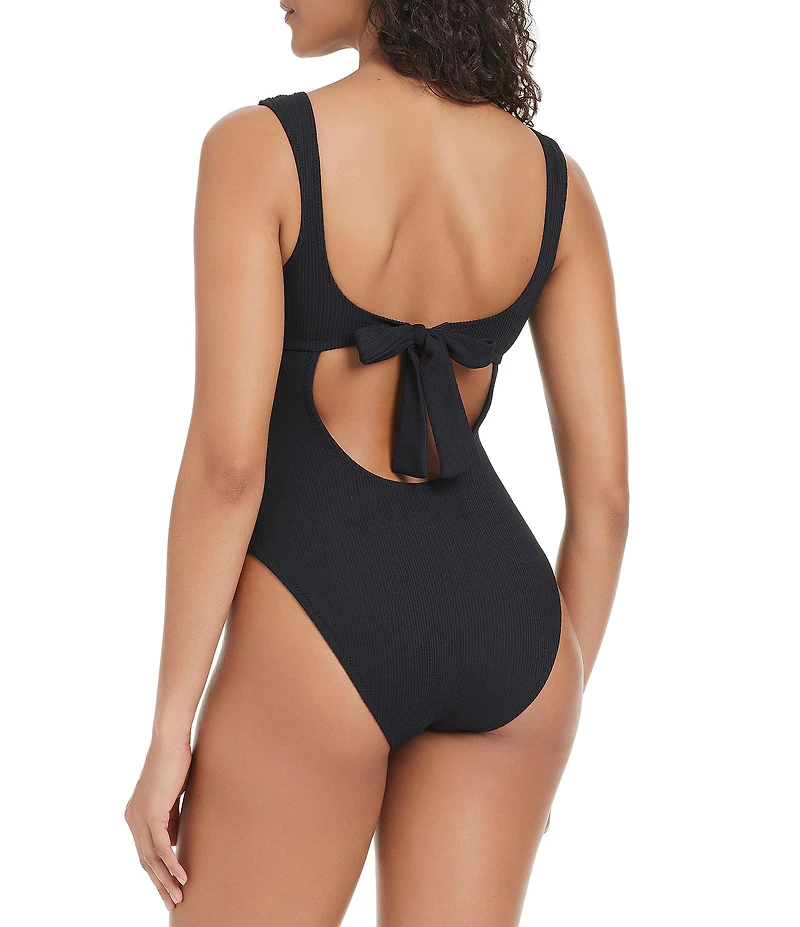 Sanctuary Stay Connected Solid Cap Sleeves Plunge One Piece Swimsuit