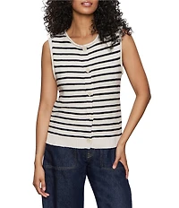 Sanctuary Stripe Print Cotton Slub Crew Neck Sleeveless Button Front Top