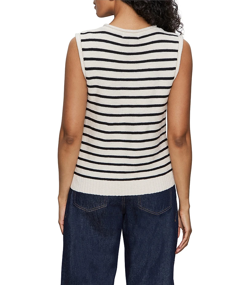Sanctuary Stripe Print Cotton Slub Crew Neck Sleeveless Button Front Top