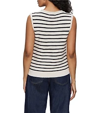 Sanctuary Stripe Print Cotton Slub Crew Neck Sleeveless Button Front Top