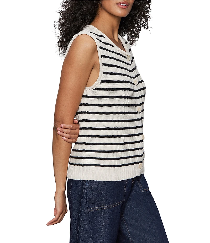 Sanctuary Stripe Print Cotton Slub Crew Neck Sleeveless Button Front Top