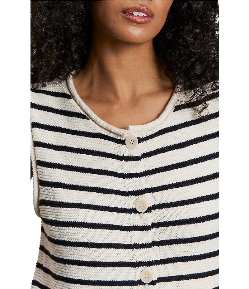 Sanctuary Stripe Print Cotton Slub Crew Neck Sleeveless Button Front Top