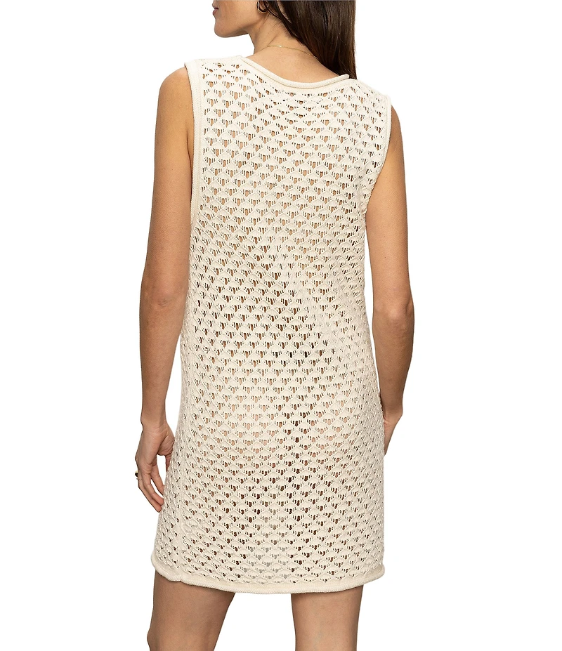 Sanctuary Summer Shell Cotton Slub Yarn Crew Neck Sleeveless Open Stitch Dress