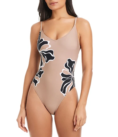 Sanctuary Sunburst Floral V-Neck High Leg Sequin Tank One Piece Swimsuit