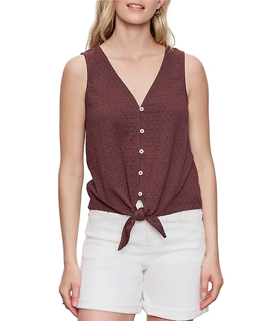 Sanctuary Textured Knit V-Neck Sleeveless Button Tie-Front Shell Top