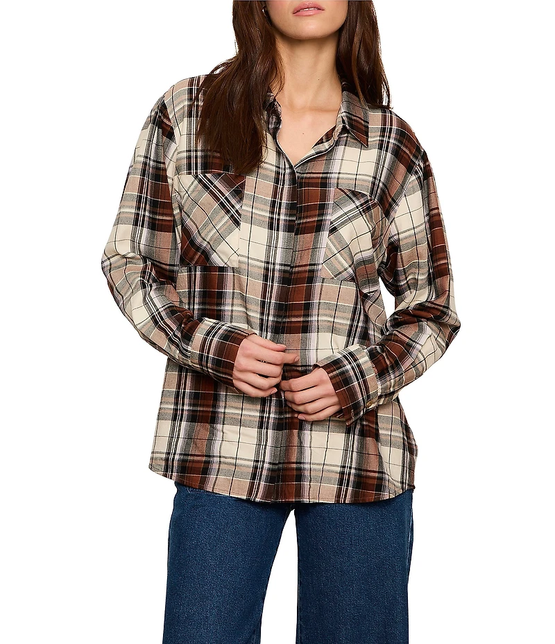 Sanctuary The City Haze Plaid Print Spread Collar Long Sleeve Button Front Shirt