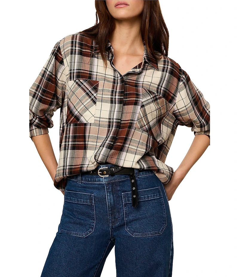 Sanctuary The City Haze Plaid Print Spread Collar Long Sleeve Button Front Shirt