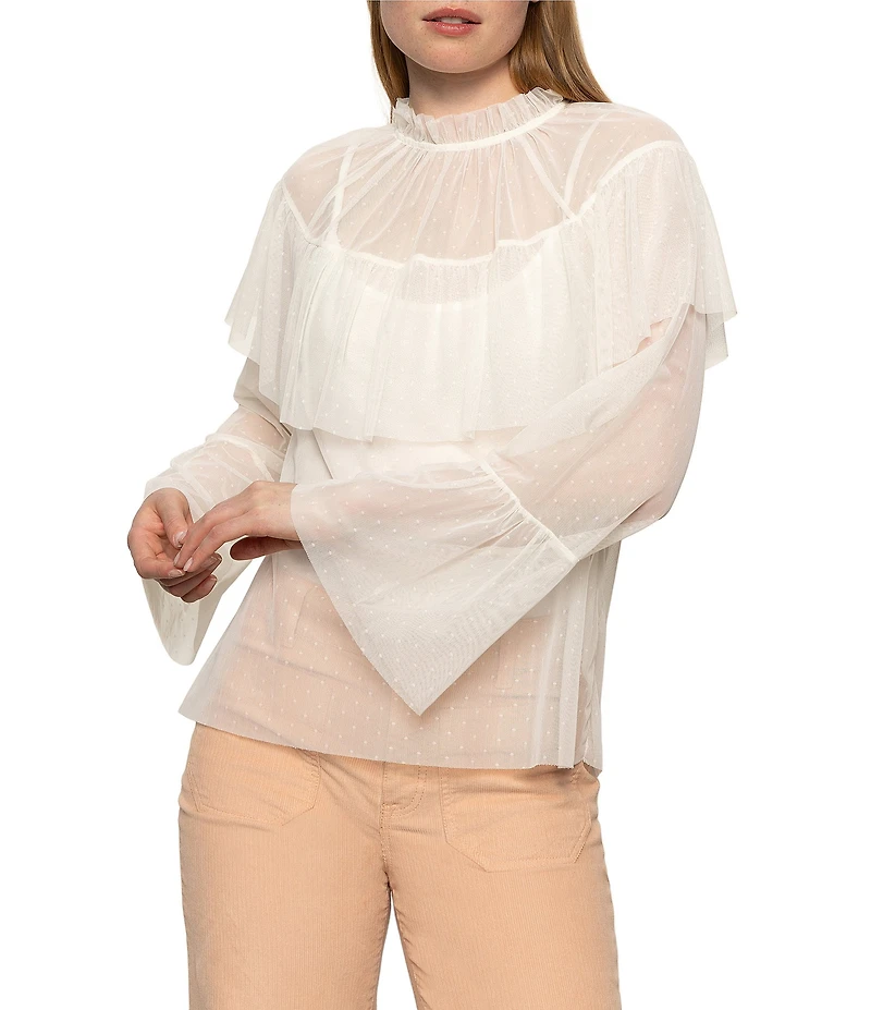 Sanctuary The Ethereal Dotted Mesh Ruffle Mock Neck Bell Sleeve Blouse