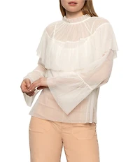 Sanctuary The Ethereal Dotted Mesh Ruffle Mock Neck Bell Sleeve Blouse