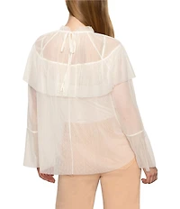 Sanctuary The Ethereal Dotted Mesh Ruffle Mock Neck Bell Sleeve Blouse
