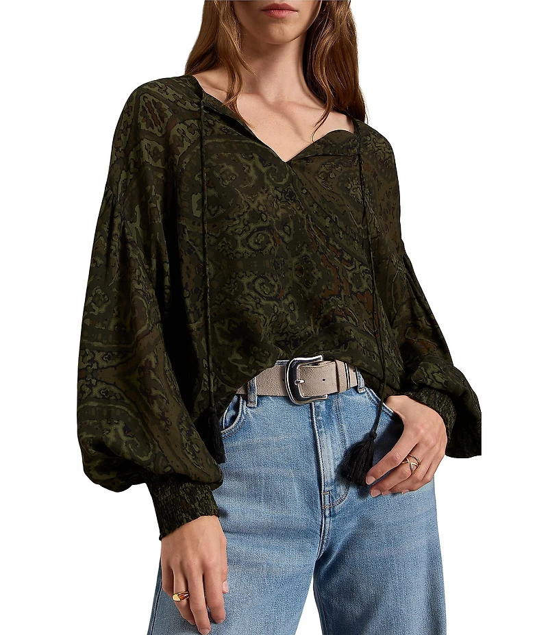 Sanctuary The Moment Volume Paisley Printed Split V-Neck Long Sleeve Georgette Blouse