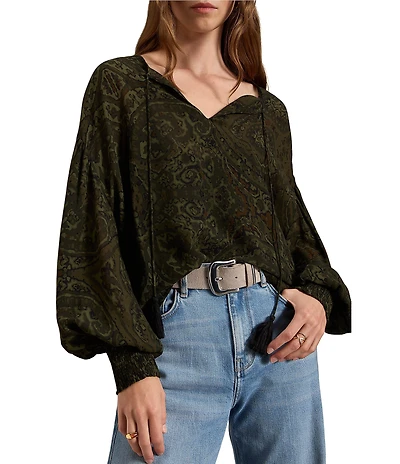 Sanctuary The Moment Volume Paisley Printed Split V-Neck Long Sleeve Georgette Blouse