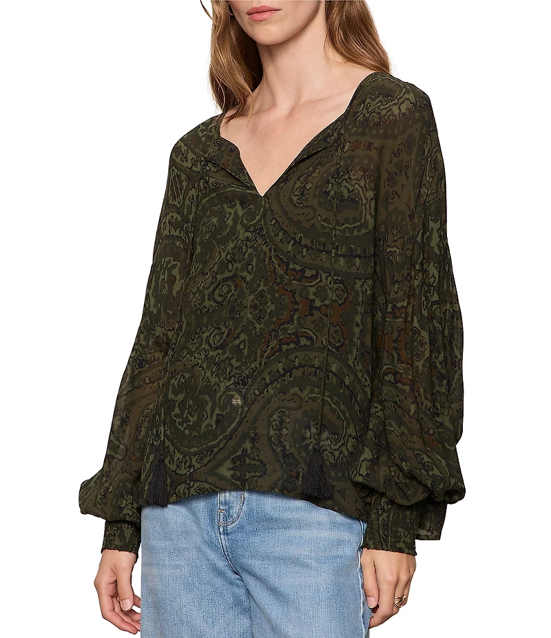 Sanctuary The Moment Volume Paisley Printed Split V-Neck Long Sleeve Georgette Blouse