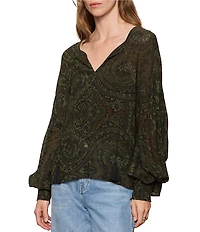 Sanctuary The Moment Volume Paisley Printed Split V-Neck Long Sleeve Georgette Blouse