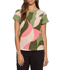 Sanctuary The Perfect Tee Green Leaves Printed Crew Neck Short Sleeve Top
