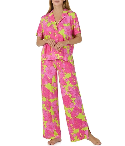 Sanctuary Tropical Floral Print Short Sleeve Notch Collar Jersey Knit Long Pajama Set