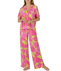 Sanctuary Tropical Floral Print Short Sleeve Notch Collar Jersey Knit Long Pajama Set