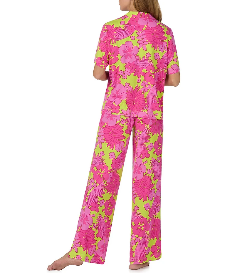 Sanctuary Tropical Floral Print Short Sleeve Notch Collar Jersey Knit Long Pajama Set