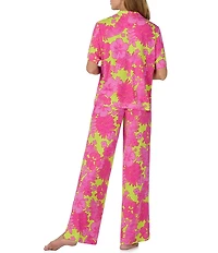 Sanctuary Tropical Floral Print Short Sleeve Notch Collar Jersey Knit Long Pajama Set