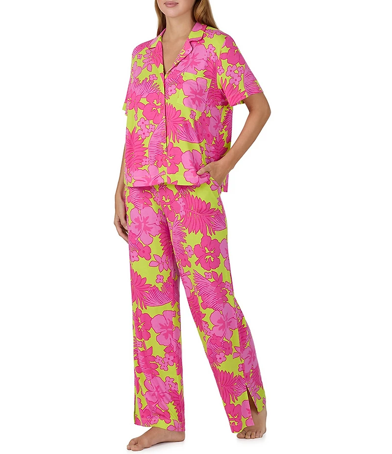 Sanctuary Tropical Floral Print Short Sleeve Notch Collar Jersey Knit Long Pajama Set