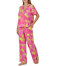 Sanctuary Tropical Floral Print Short Sleeve Notch Collar Jersey Knit Long Pajama Set