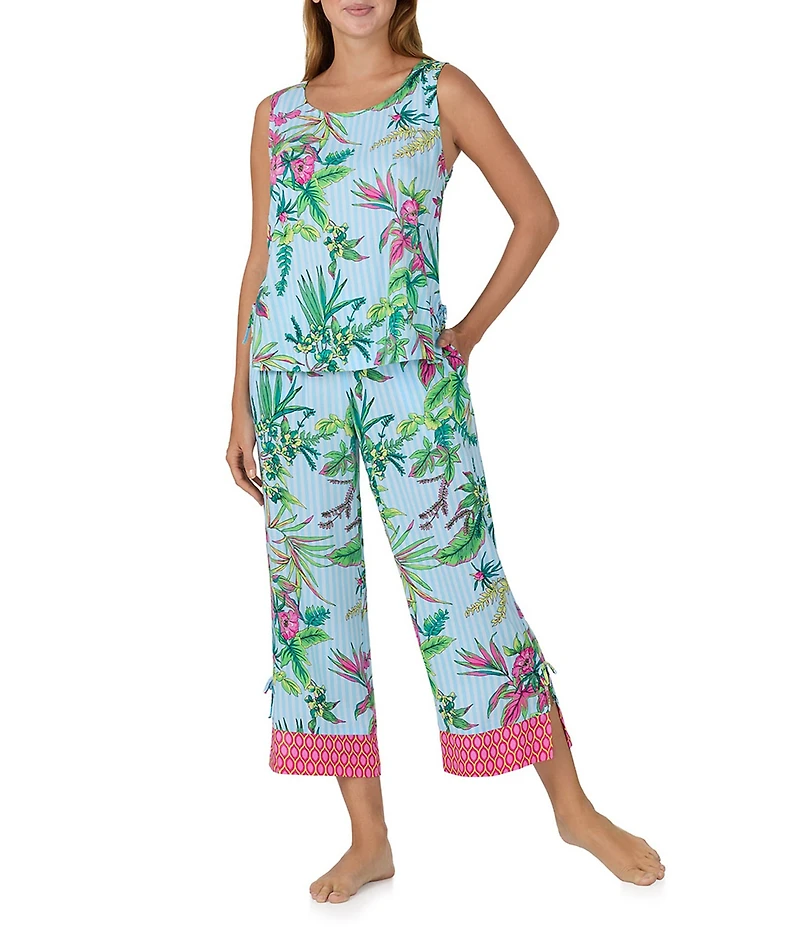 Sanctuary Tropical Floral Print Sleeveless Round Neck Knit Cropped Pajama Set