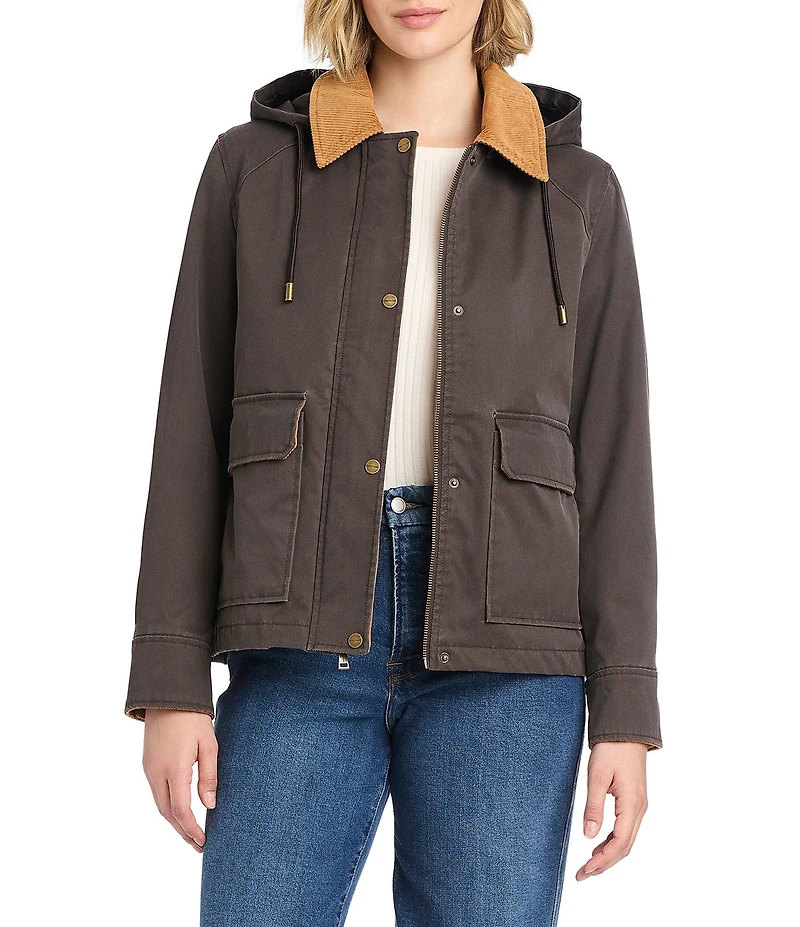 Sanctuary Waxed Coated Corduroy Stand Collar Double Entry Pocket Snap Front Jacket