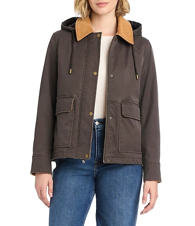 Sanctuary Waxed Coated Corduroy Stand Collar Double Entry Pocket Snap Front Jacket