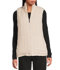 Sanctuary Wellon Cable Knit Chunky Rib Knit Stand Collar Reversible Matte Stretch Zip Front Vest