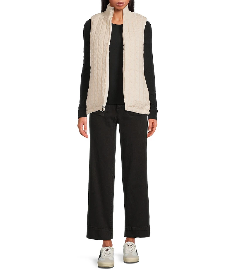 Sanctuary Wellon Cable Knit Chunky Rib Knit Stand Collar Reversible Matte Stretch Zip Front Vest