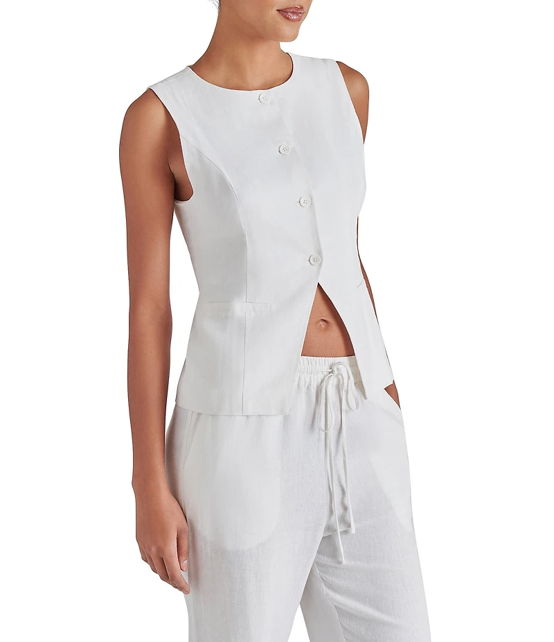 Steve Madden Wesley Round Neckline Sleeveless Button Front Linen Vest Top