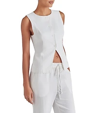 Steve Madden Wesley Round Neckline Sleeveless Button Front Linen Vest Top