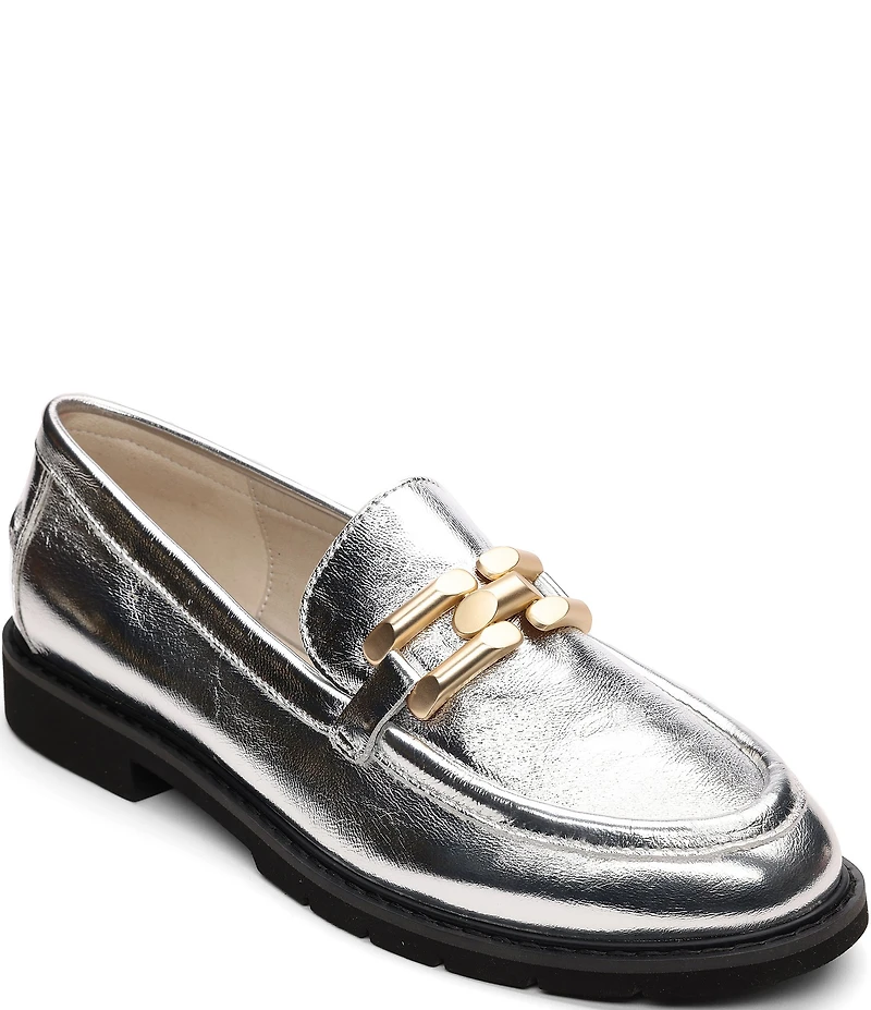 Sanctuary Whitney Crinkle Metallic Leather Chain Link Hardware Loafers