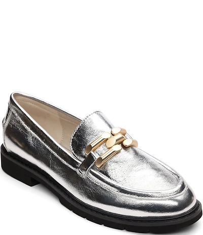 Sanctuary Whitney Crinkle Metallic Leather Chain Link Hardware Loafers