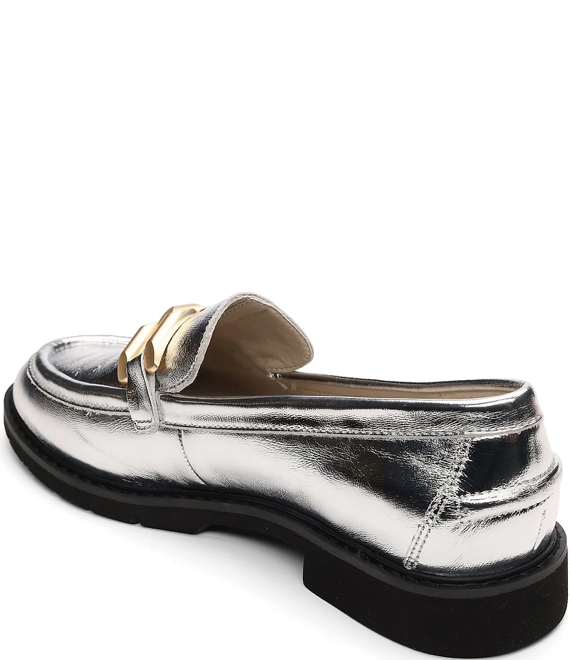 Sanctuary Whitney Crinkle Metallic Leather Chain Link Hardware Loafers