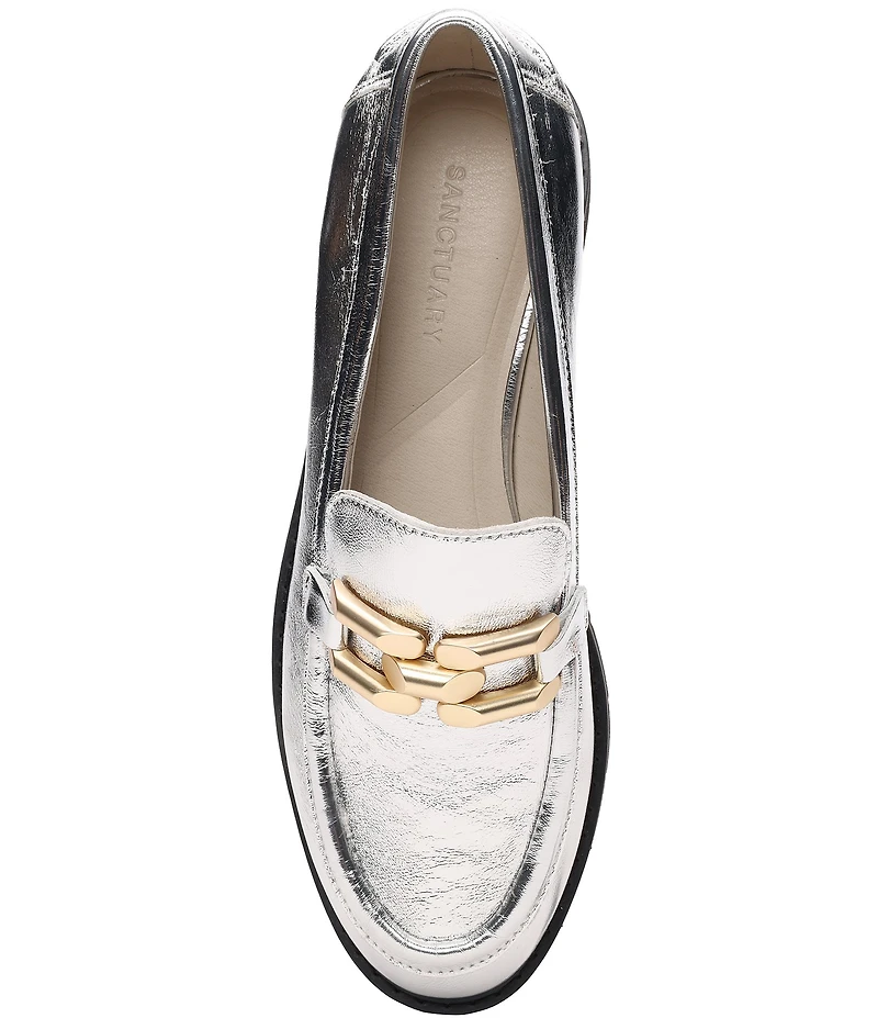 Sanctuary Whitney Crinkle Metallic Leather Chain Link Hardware Loafers