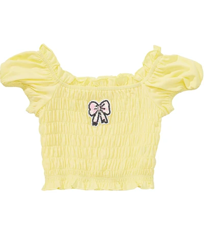 Sara Sara Little Girls Puffed Sleeve Bow Applique Ruffle Square Neck Smocked Top