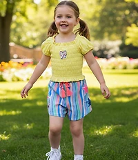 Sara Sara Little Girls Puffed Sleeve Bow Applique Ruffle Square Neck Smocked Top