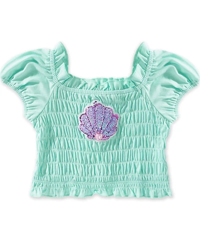 Sara Sara Little Girls Puffed Sleeve Seashell Applique Ruffle Square Neck Smocked Top