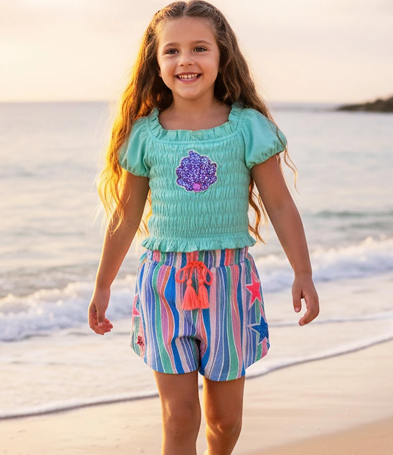 Sara Sara Little Girls Puffed Sleeve Seashell Applique Ruffle Square Neck Smocked Top