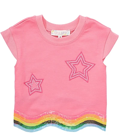 Sara Sara Little Girls Cap Sleeve Sequin Embellished Star Pattern Beaded Wavy Hem Tee
