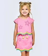 Sara Sara Little Girls Cap Sleeve Sequin Embellished Star Pattern Beaded Wavy Hem Tee