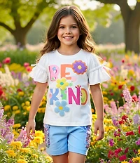 Sara Sara Little Girls Puff Flutter Sleeve Be Kind Flower Applique T-Shirt