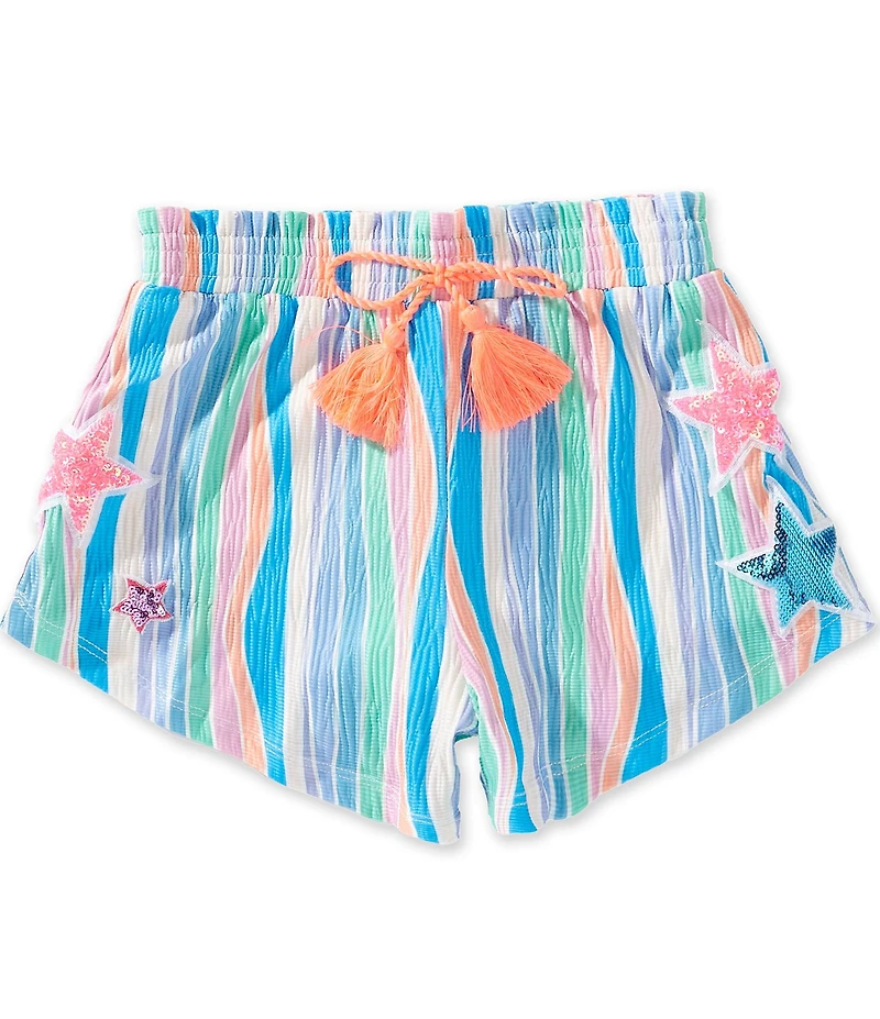 Sara Sara Little Girls Wavy Striped Sequin Star Patch Tassel Drawstring Pull-On Shorts