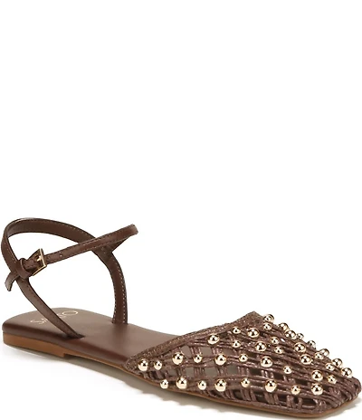 Sarto by Franco Sarto Inali Studded Raffia Ankle Wrap Ballerina Flats