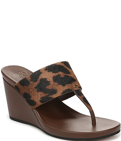 Sarto by Franco Sarto Talea Leopard Print Calf Hair Wedge Thong Slide Sandals