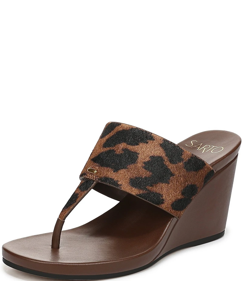 Sarto by Franco Sarto Talea Leopard Print Calf Hair Wedge Thong Slide Sandals