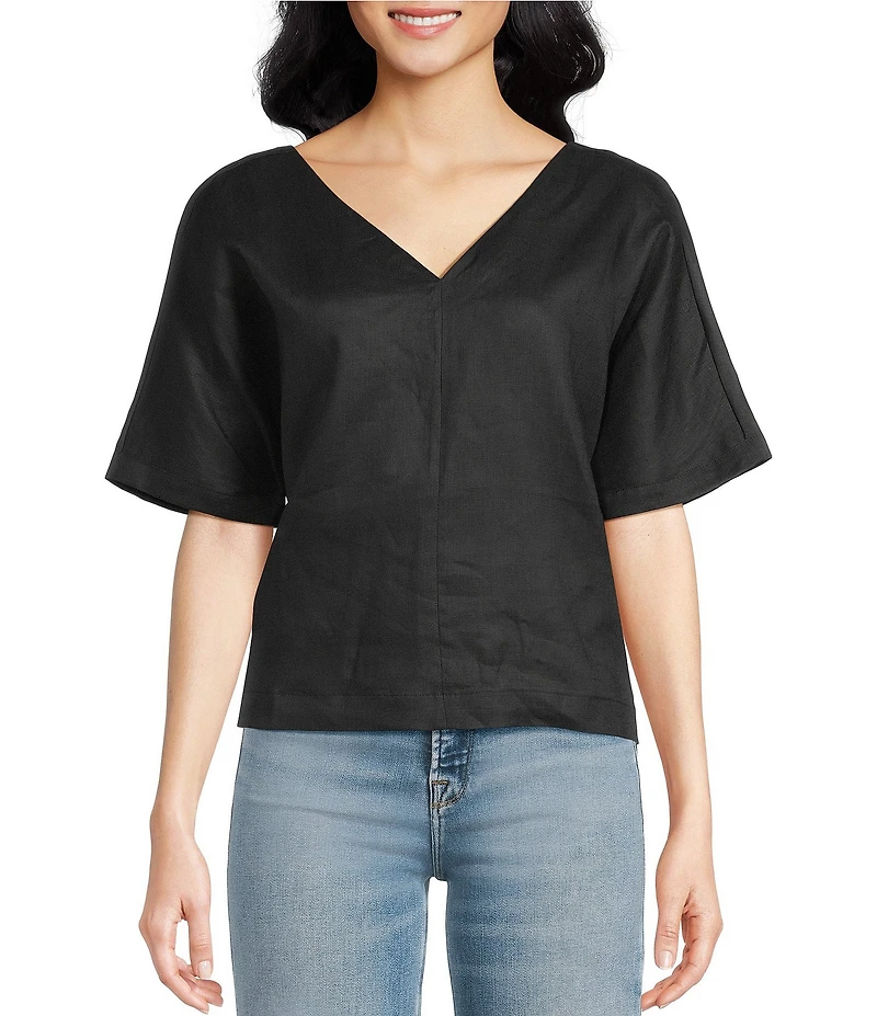 SASSO + SMYTH Linen V-Neck Short Sleeve Back Detail Top