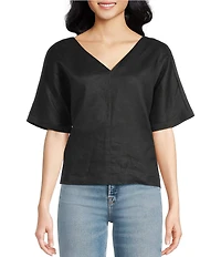 SASSO + SMYTH Linen V-Neck Short Sleeve Back Detail Top